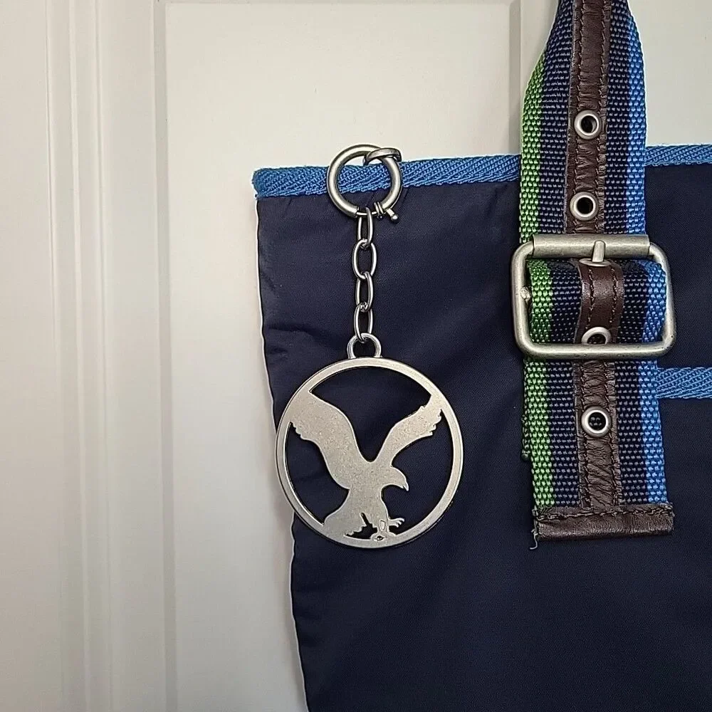 Y2K American Eagle Navy Blue Buckle Tote Bag with Keychain Logo